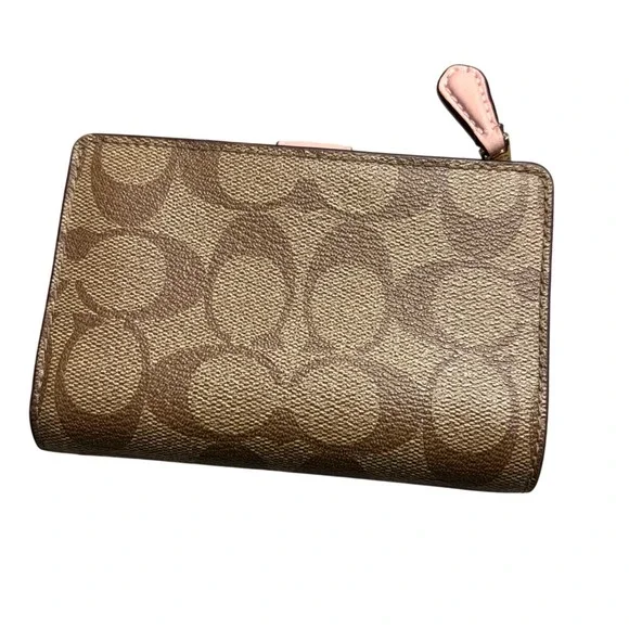 Coach Medium Corner Zip Wallet Signature Canvas Khaki Pink - Picture 2 of 12